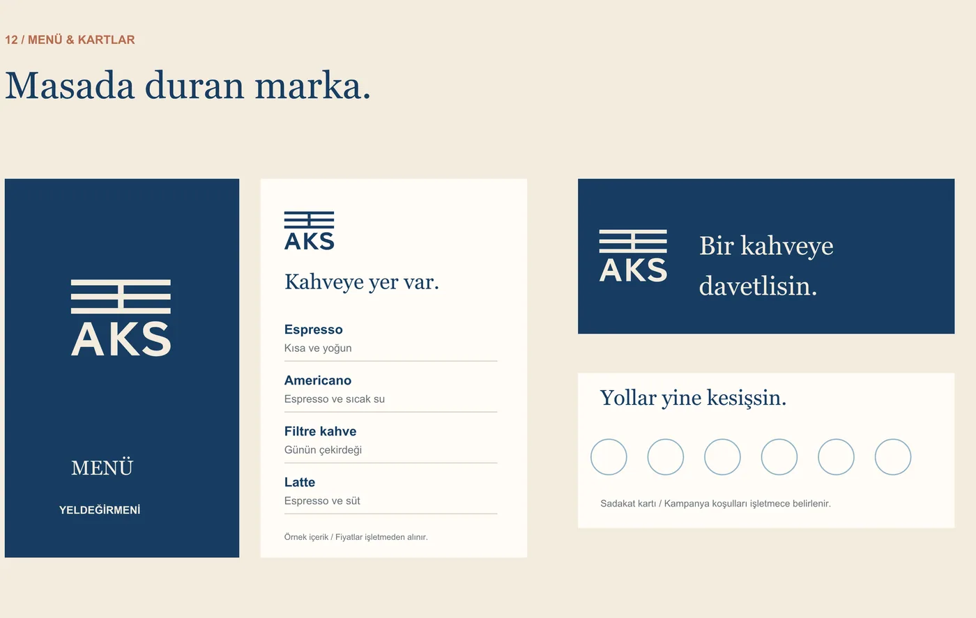 AKS basılı iletişim — menü kapağı, iç sayfa, davet kartı ve sadakat kartı