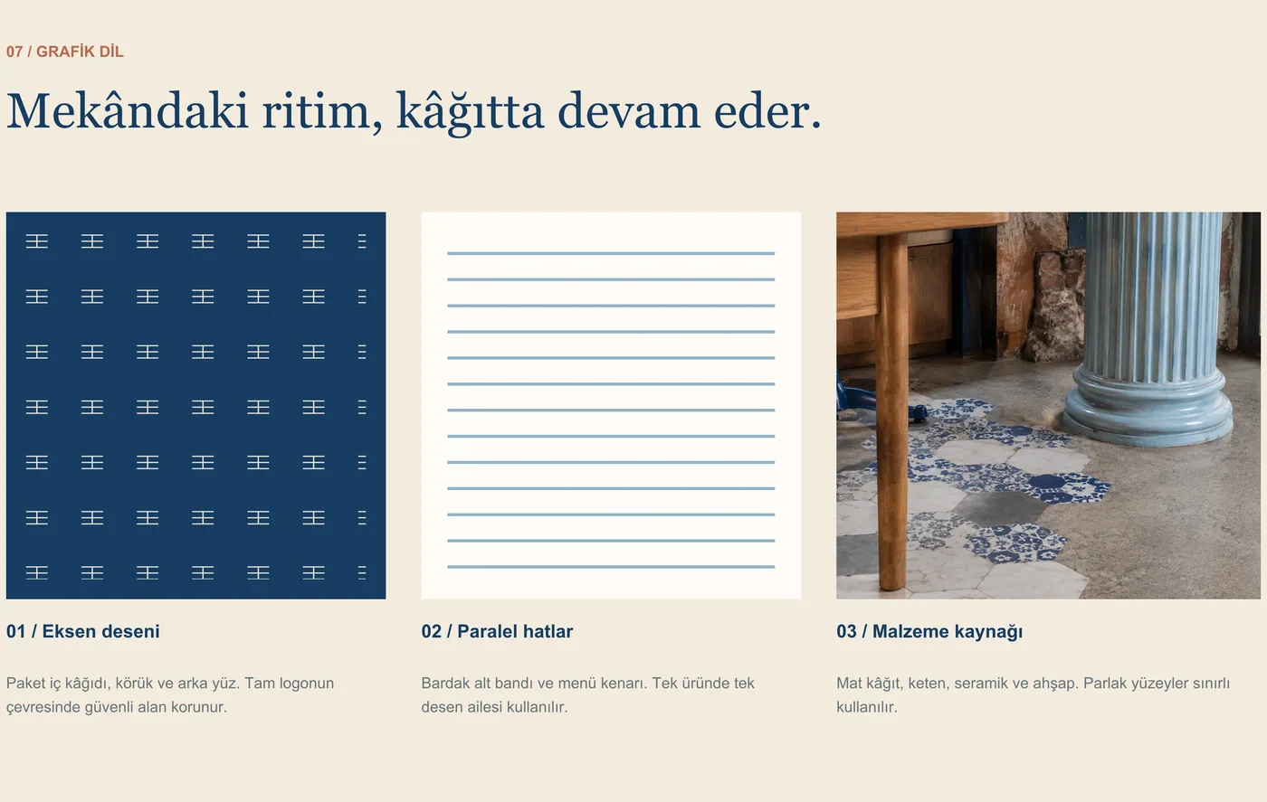 AKS grafik dili — amblemden türeyen eksen deseni, paralel hatlar ve mekandaki malzeme kaynağı