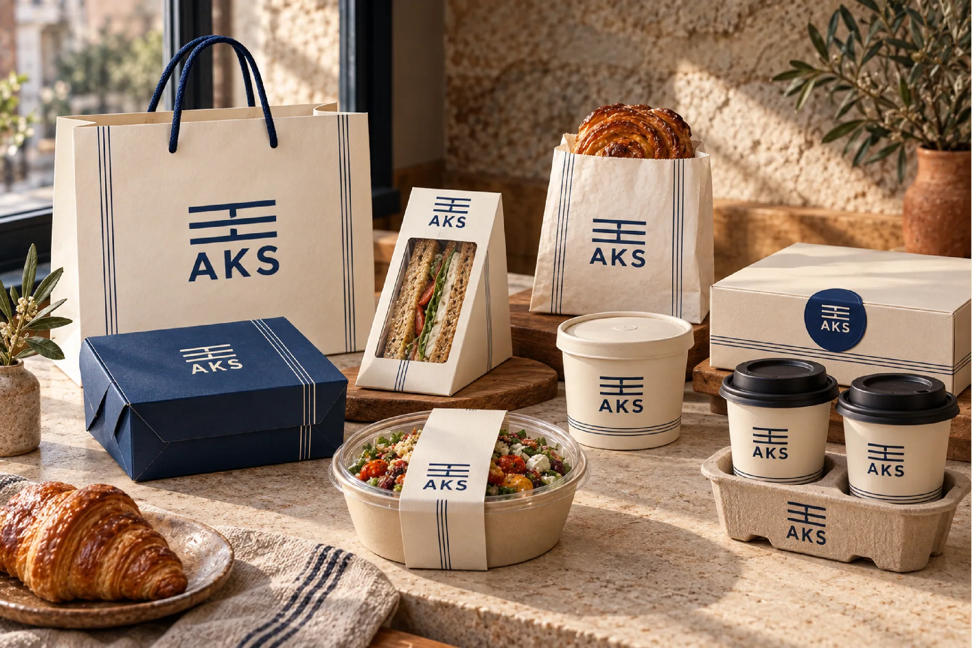 AKS paketleme koleksiyonu — taşıma çantası, öğün kutusu, sandviç ambalajı ve bardak taşıyıcı