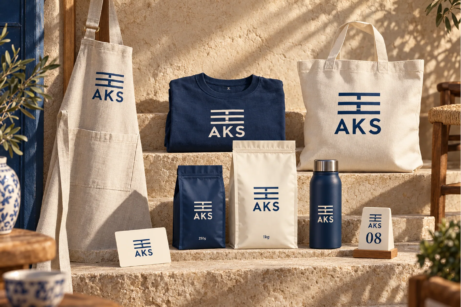 AKS ekip ve perakende koleksiyonu — önlük, tişört, bez çanta, kahve paketi ve termos