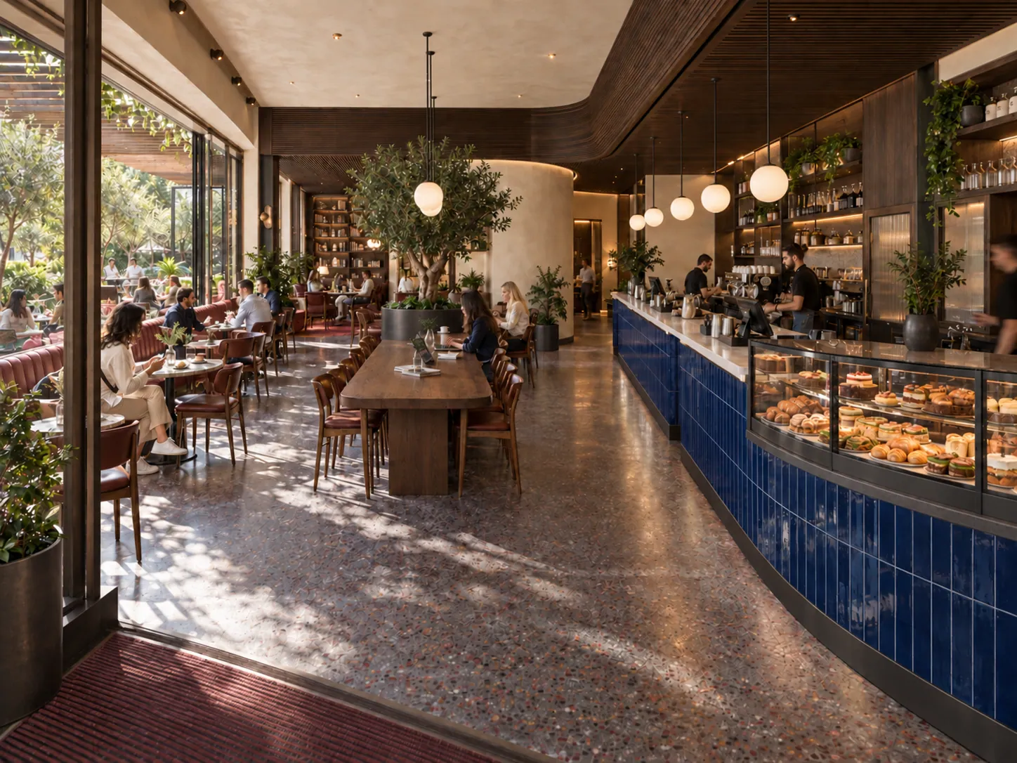 COFFEE HOUSE — Bahçe, Kitaplık ve Kahve konsept renderı