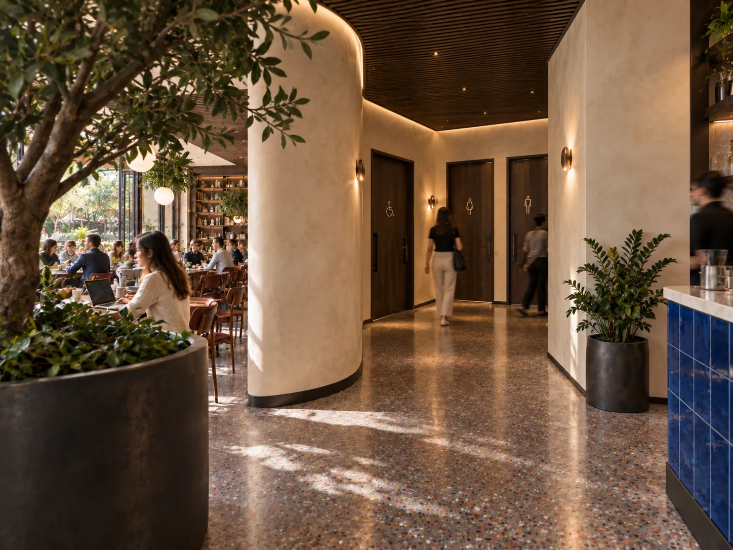 COFFEE HOUSE konsept render — Salonun Arkasındaki Geçiş