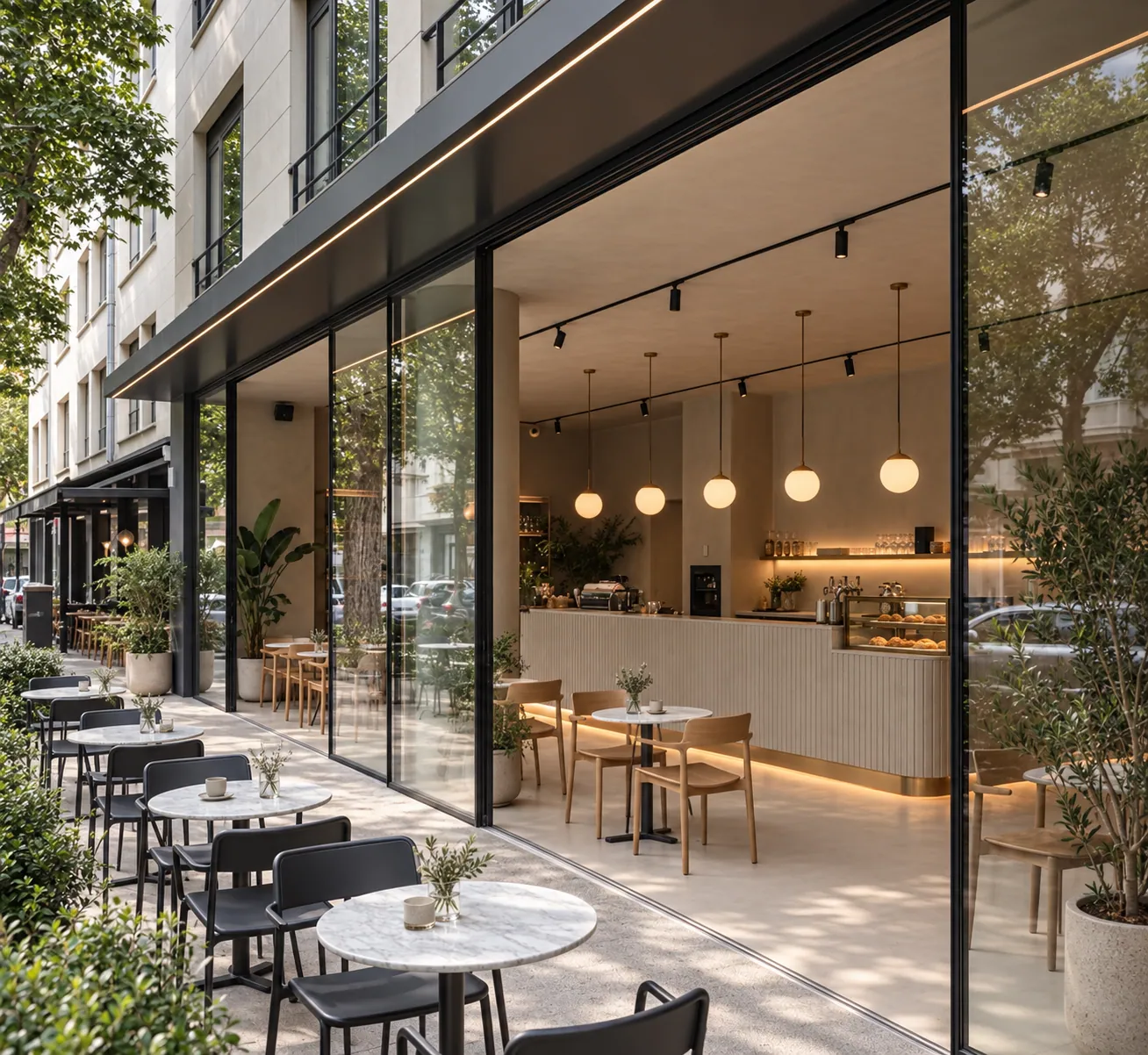 HIRVATİSTAN CAFE — Cam Cephe Boyunca Kahve konsept renderı