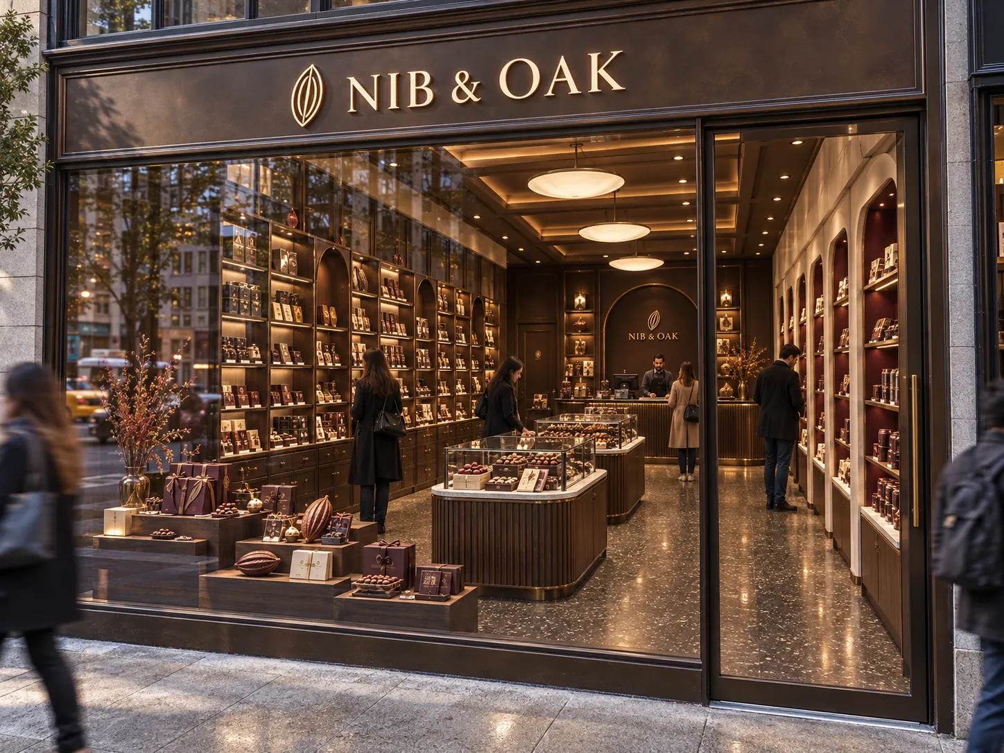 NIB & OAK — New York Çikolata Butiği konsept renderı