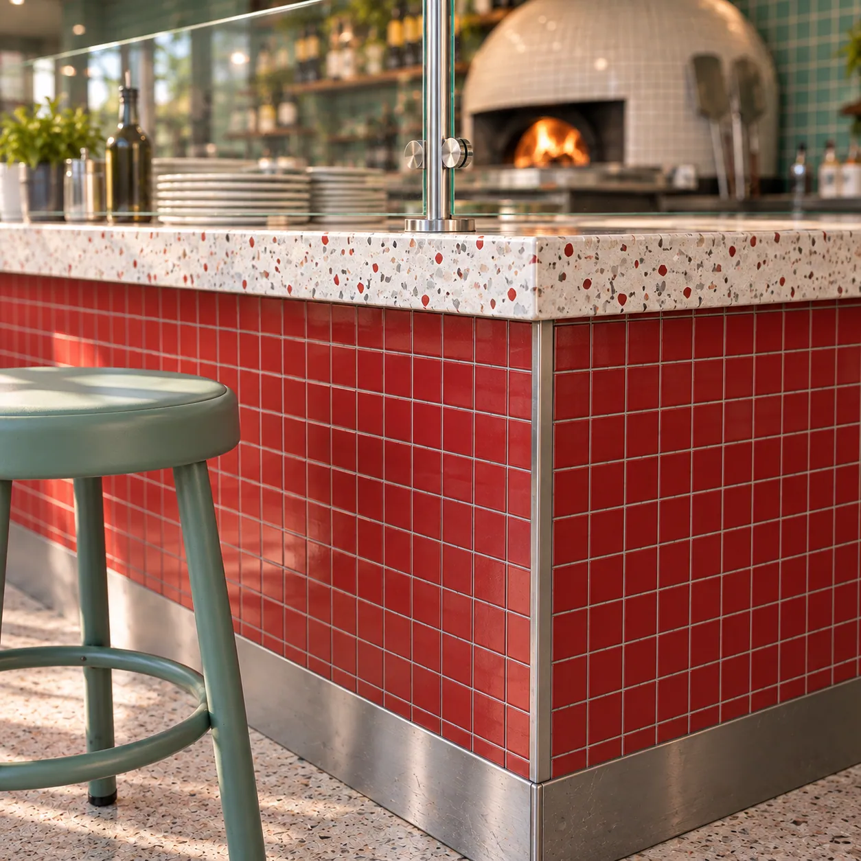 PERA FORNO konsept render — Kırmızı Mozaik ve Terrazzo