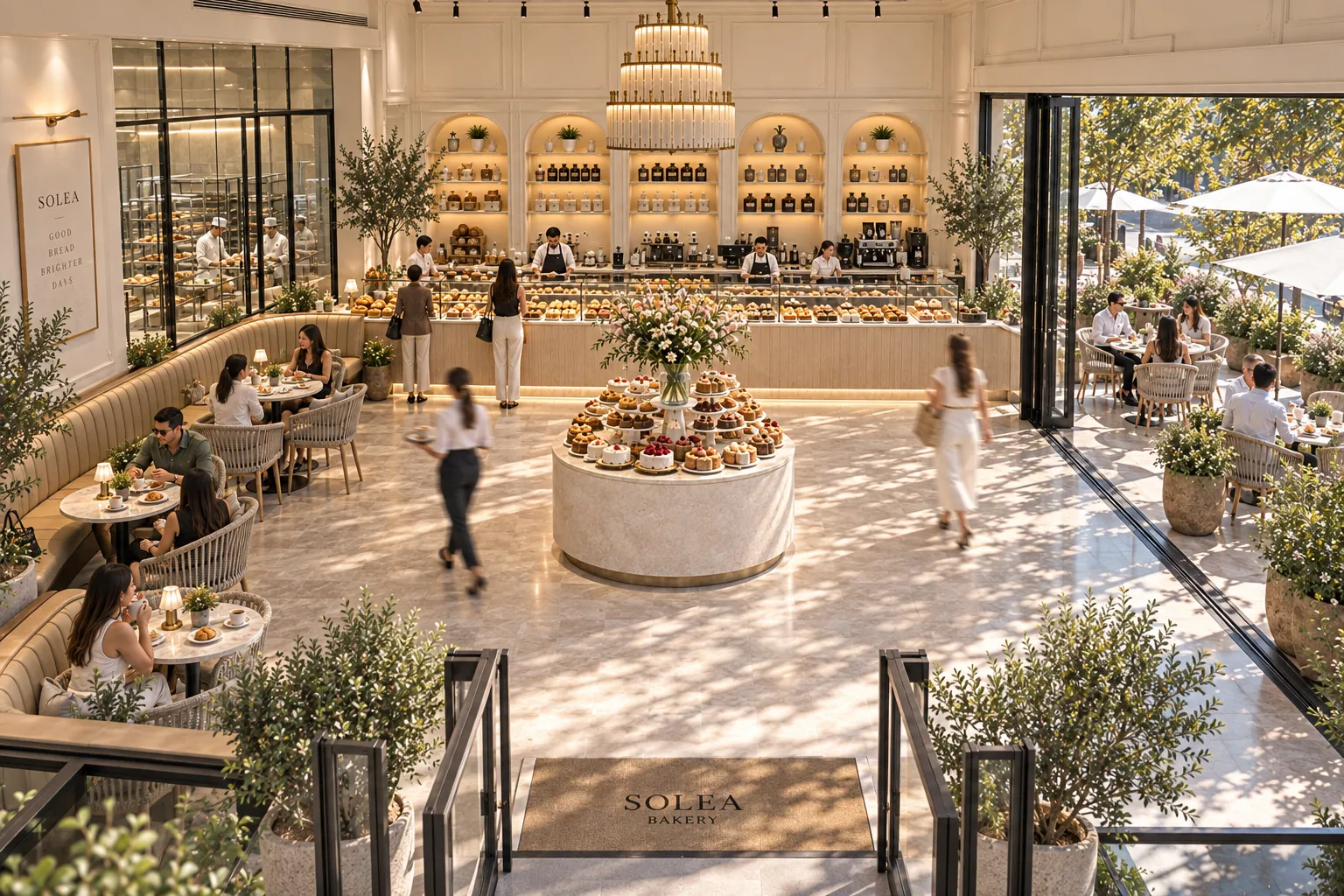 SOLEA BAKERY konsept render — Yukarıdan Vitrin Düzeni