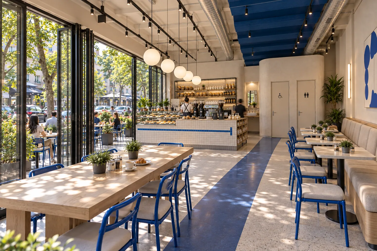 SUADİYE CAFE & BAKERY konsept render — Cam Yanında Ortak Masa