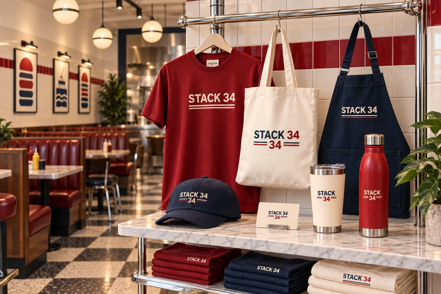 STACK 34 ekip ve perakende koleksiyonu — tişört, önlük, şapka, çanta ve termos