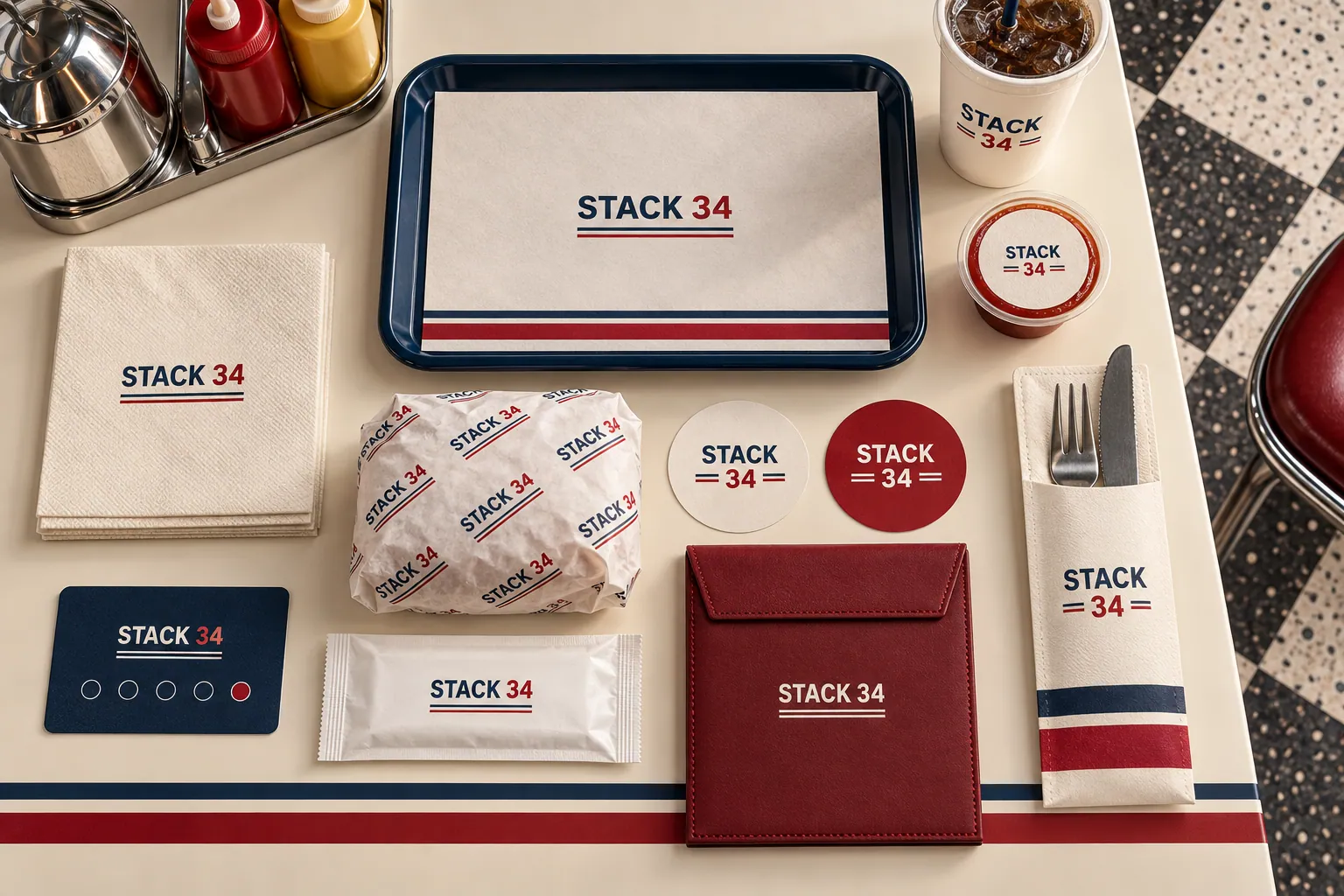 STACK 34 masa üstü koleksiyonu — tepsi, servis kağıdı, peçete ve hesap sunumu