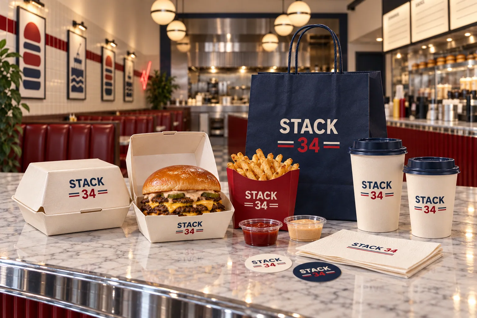 STACK 34 paketleme koleksiyonu — burger kutusu, patates kabı, bardaklar ve taşıma çantası