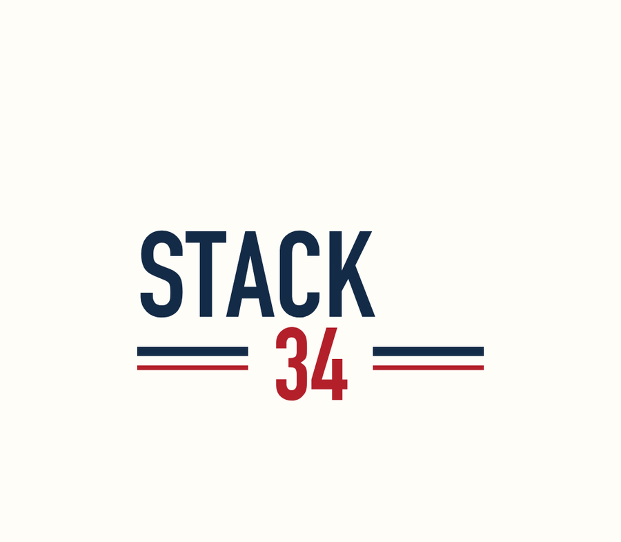 STACK 34 ana logosu — lacivert STACK yazısı, kırmızı 34 rakamı ve yatay çizgiler
